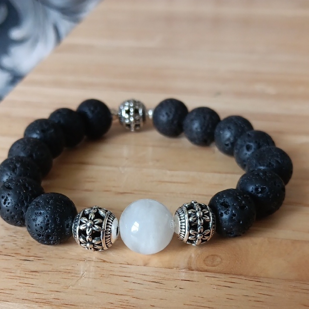 Black Lava & Moonstone Beaded Stretch Bracelet with Silver-Plated Accent…